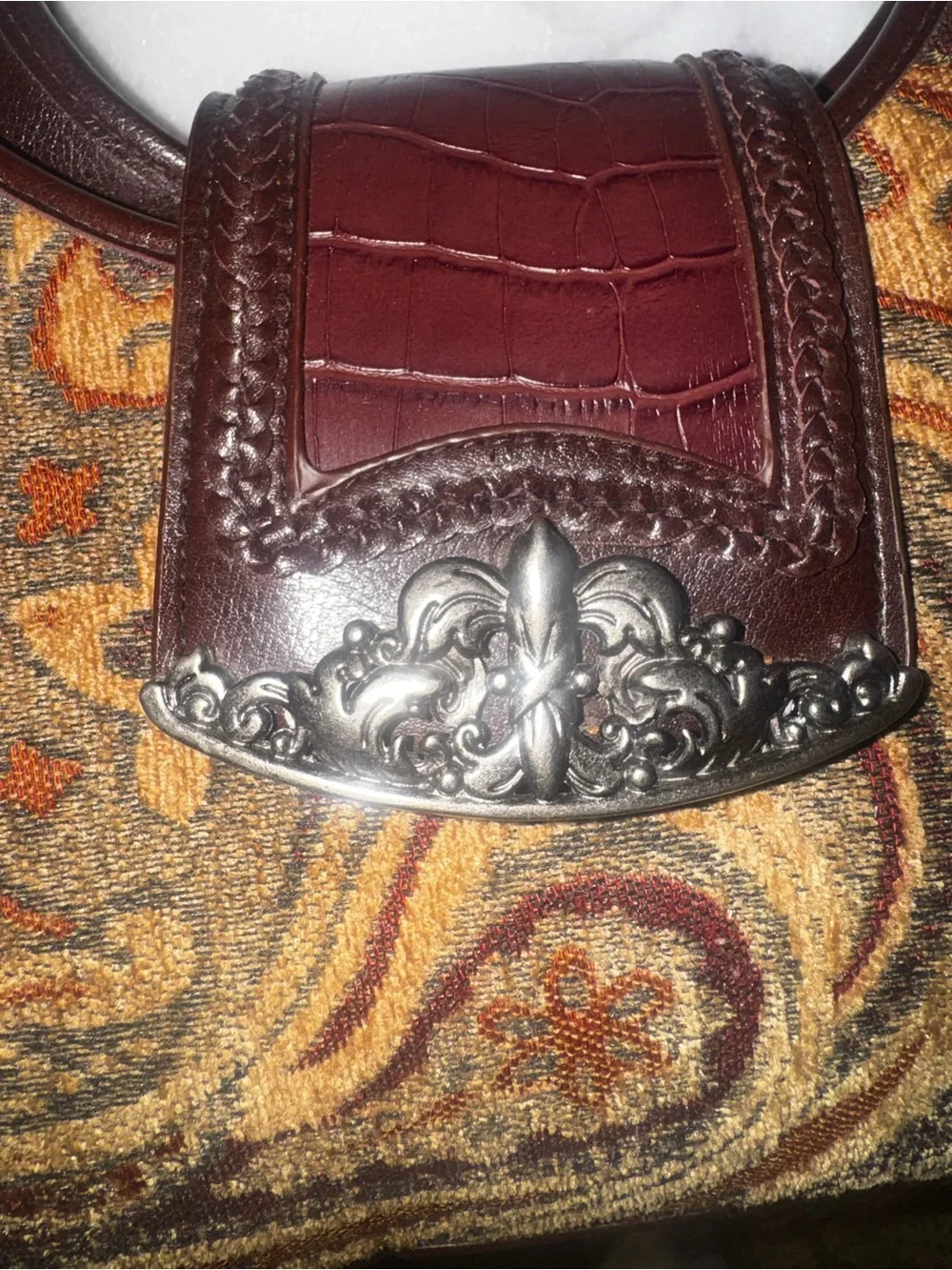 VTG Bueno Brown Carpet Bag Leather w Silver Accents Snap Pockets on Each Side